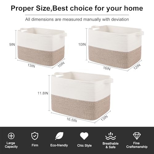 OIAHOMY Woven Storage Basket for Shelves, Rectangle Cotton Rope Baskets for Organizing, 16.5 x 13 x 11.8 in, Storage Bins for Dog Toys,Towel,Books,Gift,Brown and White - color: Brown and White, size: 16.5"x13"x11.8"