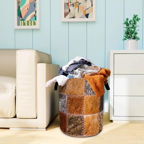 Faux Cowhide Patchwork Pattern Laundry Basket Oxford Cloth Funny Texture Laundry Hamper With Handle Foldable Portable Clothes Storage Basket 18.9 X 16.5 Storage Bag For Laundry Room/Bathroom/Bedroom - color: Faux Cowhide Patchwork Pattern