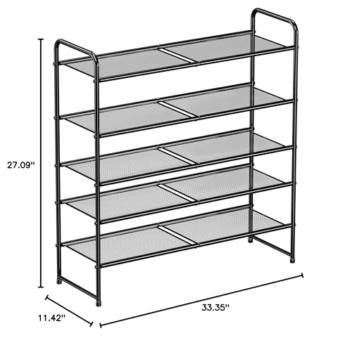 Shoe Rack, 5 Tier Stackable 27" Wide Metal Closet Shoe Storage Organizer with Mesh Shelves, Adjustable, Black - color: Black, size: 5 Tier