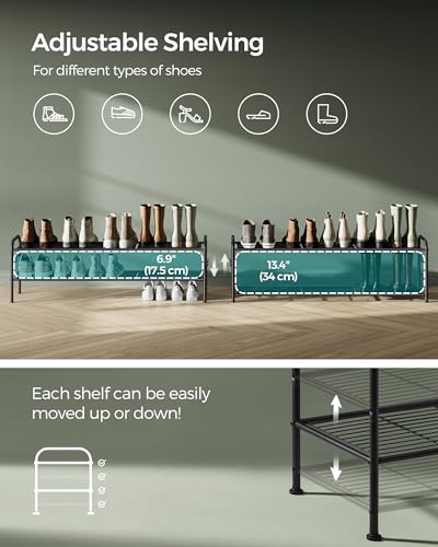 SONGMICS Shoe Rack, 2-Tier Shoe Organizer, Metal Shoe Shelf Storage with 4 Side Hooks, Holds 18 Pairs of Shoes, Height-Adjustable Shoe Rack for Entryway, Hallway, Closet, Ink Black ULMR121B01 - color: Ink Black, size: 2 Tiers (44.9"W)