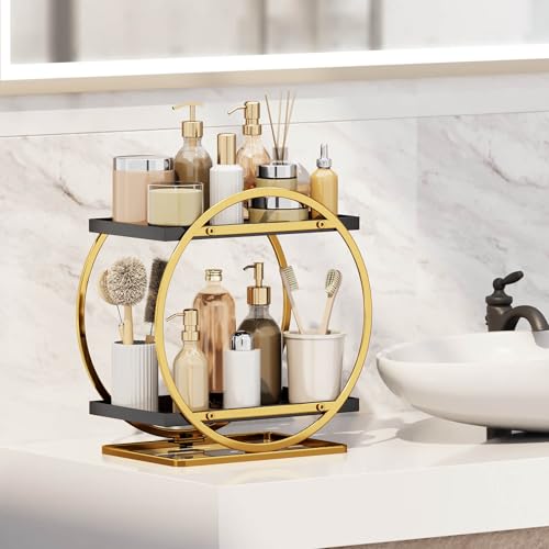 Makeup Organizer for Vanity, Black Gold Perfume Organizer for Dresser, 2-Tier Bathroom Countertop Organizers, Bathroom Counter Shelf Skincare Holder Perfume Tray Cosmetic Display - color: ‎black Gold, Circular