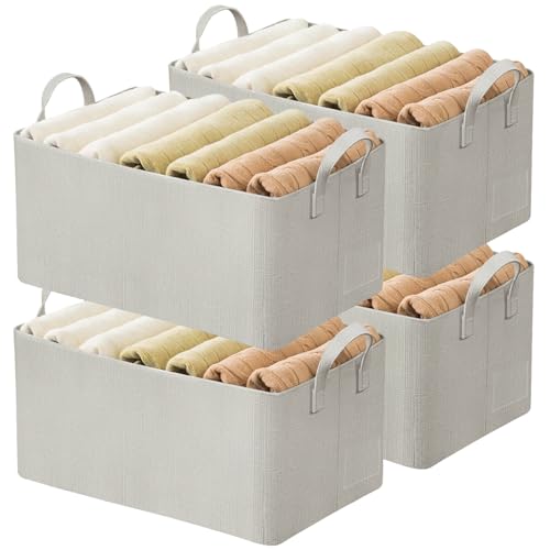 AARAINBOW 4 Pcs Closet Clothes Organizer with Handle, Fabric Storage Box with Steel Frame Stackable Shelf Storage Bins Foldable Fabric Storage Baskets for Organizing Sweater Pants, 23L (B 4 White) - color: B 4 White