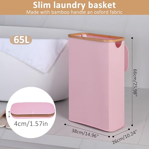 iEGrow 65L Slim Laundry Hamper, Narrow Laundry Basket with Lid,Foldable Clothes Hamper with Bamboo Handles,Hamper Basket with Removable Inner Bag for Laundry Room Bedroom College Dorm,17.17 Gals Pink - color: Pink, size: 65L