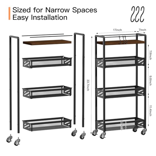 DGSNADGO Slim Rolling Storage Cart, 4-Tier Kitchen Cart on Wheels, Narrow Utility Cart with Handle and Wooden Tabletop for Small Space in Kitchen, Living Room, Bathroom, Rustic Brown and Black - color: Rustic Brown+black