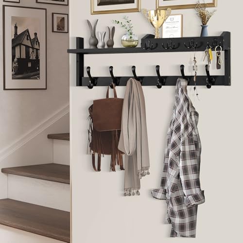 Coat Rack Wall Mount with Shelf, 27.5" Entryway Wall Hanging Shelf, Coat and Key Hanger with 10 Dual Hooks, Mail Organizer and Key Holder Hat Rack for Wall, Wood Coat Hooks with Storage - color: Black