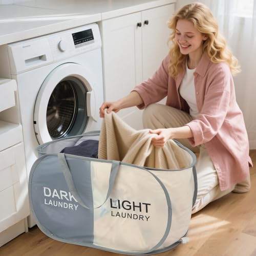 Seefoo 2-Section Collapsible Laundry Baskets, Dual Compartment Foldable Pop Up Hamper with Handles, Dark/Light Labels for Sorting, Compact & Lightweight for Laundry Room, Bedroom, Dorm, Bathroom - style: 2 Compartment A