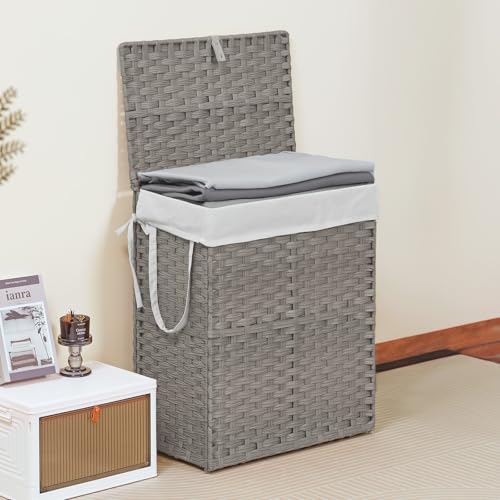 90L Laundry Hamper with Lid, Hand-Woven Pp Rattan Laundry Basket with Compartments & Handles, Removable Liner Bags,Foldable, Narrow Dirty Clothes Basket, Grey - color: 90L-Grey