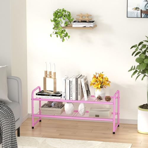 SUFAUY 2 Tier 33" Wide Shoe Rack, Closet Metal Wire, Stackable, Pink - color: Pink, size: 2 Tier