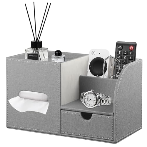 Square Tissue Box Cover with Drawer Storage and Tray on Top, PU Leather Tissues Cube Boxes Holder, Modern Nightstand Organizer Caddy, Remote Control Holder for Bathroom, Bedside, Office, Home - color: Grey Cloth