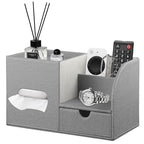 Square Tissue Box Cover with Drawer Storage and Tray on Top, PU Leather Tissues Cube Boxes Holder, Modern Nightstand Organizer Caddy, Remote Control Holder for Bathroom, Bedside, Office, Home - color: Grey Cloth