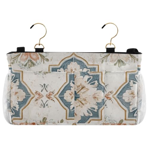 Bedside Caddy Metal Frame Hanging Organizer Bunk Bed Dorm Accessories Hook And Loop Storage Bag Large Pockets Beige Rose Talavera Style - color: Beige Rose Talavera Style