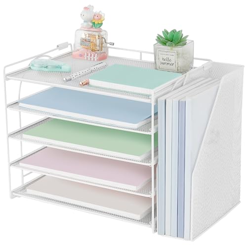 AUPSEN Desk Organizers and Accessories, 5-Tier Desktop Paper File Organizer with Removable File Holder, Desk Accessories & Workspace Organization for Home Office Supplies (White) - color: White