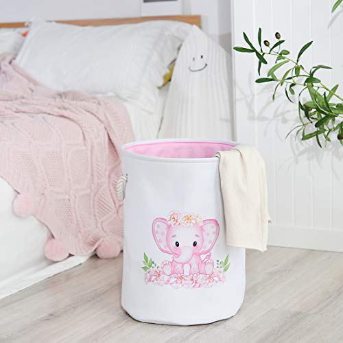 INough Laundry Baskets Kids Laundry Hamper, Pink Baby Hamper Elephant Basket Large Collapsible Kids Hamper with Handles Waterproof Round Linen Storage Basket for Toddler/Girls (Pink Elephant) - color: Pink Elephant