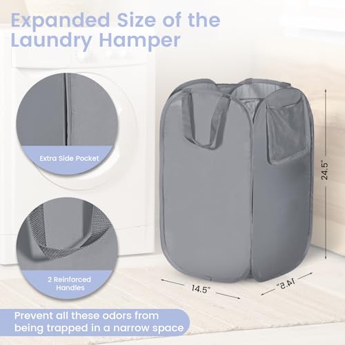 HOUSE AGAIN Upgraded Pop Up Hampers for Laundry, Collapsible Laundry Basket with Durable Handles & High Carbon Steel Frame, Wide Opening, Solid Bottom and Side Pocket for Clothes and Storage(Grey) - color: Grey, size: 1-Pack
