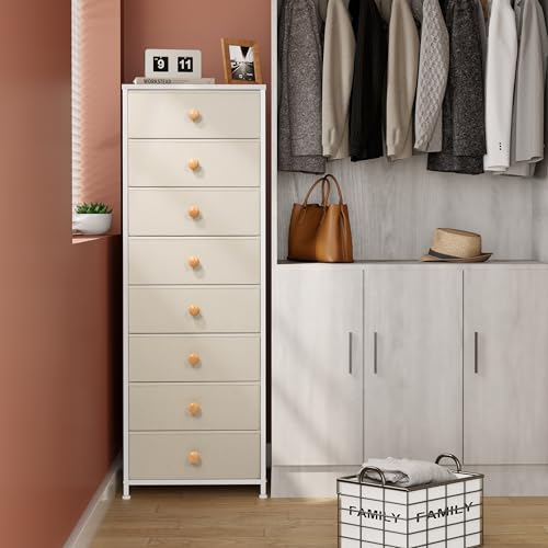 Crestlive Products Tall Dresser, 8-Drawer Fabirc Storage Tower, Chests of Drawers - Vertical Organizer Unit for Bedroom, Hallway, Entryway, Nursery, Closets - Steel Frame, Wood Top & Handles (Beige) - color: Beige, style: Narrow-8 Drawers