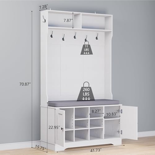 71" Hall Tree with Bench and Shoe Storage, Entryway Hall Tree with 2 Doors and 6 Adjustable Shelves, Cushioned Storage Bench with Coat Rack for Hallway, Living Room, Mudroom - color: White