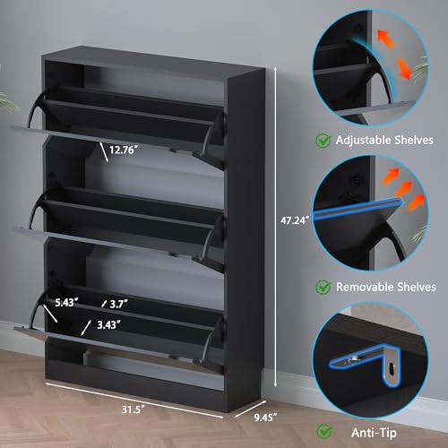 BORNOON Shoe Cabinet with 3-Flip Mirror Drawers, Freestanding Shoe Rack Organizer with Hidden Handle, Slim Narrow Shoe Storage Cabinet for Entryway, Entrance, Hallway, Bedroom - color: Black, size: 3-Drawer with Mirror