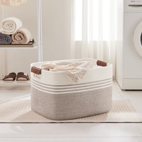 86L Extra Large Laundry Basket with Leather Handles for Living Room Storage, Woven Rope Baskets for Blanket, Kids Toy, Gifts, Wicker Hamper for Bedroom Dirty Clothes, 24"x16"x14" White Brown - color: Brown, size: 86L