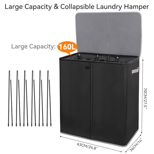 WOWLIVE Laundry Hamper with Lid,160L Large Laundry Basket 3 Section with Removable Washing Bags,Collapsible Waterproof Dirty Clothes Hamper for Laundry Room Bathroom Dorm,Black - color: Black, size: 160L (24.8x 14 x 27.5 Inches)