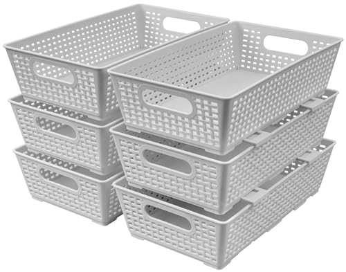 Tiawudi Stackable Woven Plastic Basket, Storage Bins for Cabinet, Closet, Shelf, Under Sink and Countertop, Pantry Organizer Bins, 6 Pack - color: Gray