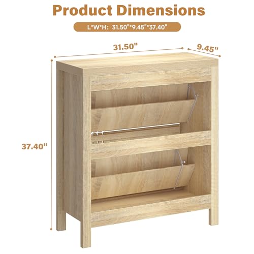 knoworld Shoe Storage Cabinet for Entryway with 2 Flip Drawers, 31.5" Slim Fluted Shoe Organizer Cabinet, Narrow Wooden Shoe Rack Cabinet, Freestanding Hidden Shoe Cabinet for Hallway, Entrance (Oak)