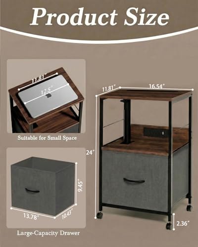 Faesun Swivel Lift Top Nightstand with Charging Station, Rolling Side Table for Recliner, Bedside Table with Wheels & a Fabric Drawer, for Small Spaces, for Bedroom, Living Room, Walnut Gray - color: Walnut Gray, size: 1 Drawer