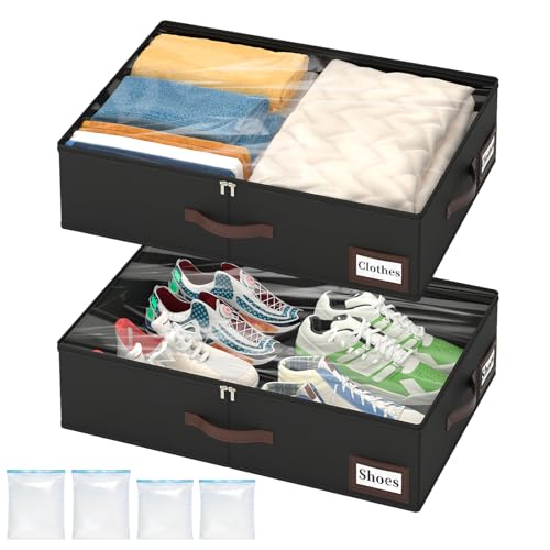 OIAHOMY 2 Pack Under Bed Storage with 4 Compression Bags, Underbed Organizers for Bedroom & Closet, Fits Beds Higher than 5.9", Space-Saving for Seasonal Clothes, Blankets & Shoes - Black - color: Black, size: 23.62" x 16.54" x 5.9"