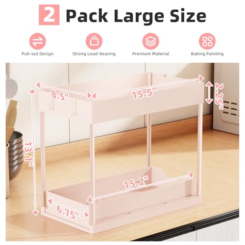 Simple Trending Under Sink Organizer 2 Pack, Sink Pull-Out Sliding Storage Cabinet, 2-Tier Under Shelf Organizer for Kitchen Bathroom, Pink - color: Pink, size: 2 pack