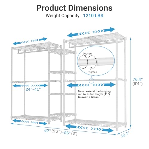 VIPEK X3 Expandable Heavy Duty Clothes Rack Adjustable from 5'2" to 8' with Flexible Shelves and Hanger Rods, Large Freestanding Clothing Racks for Hanging Clothes, Max Load 1210LBS, White - color: White, size: X3