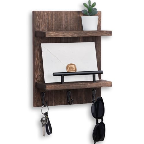 Key Holder Wall Mount, Mail Shelf Decor with 3 Key Hooks, Versatile Wood Wall Organizer for Entryway Hallway (8.2” x 10.6”x 3.6”) (Brown) - color: Brown