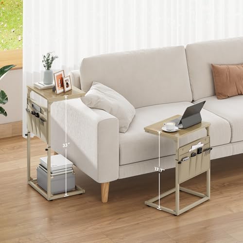 Vagusicc C Shaped End Table, 32'' Tall Side Table for Couch, Adjustable Height Small Couch Side Table for Small Spaces, End Table Slide Under Sofa Table TV Tray Table Arm Table for Living Room - color: Natural