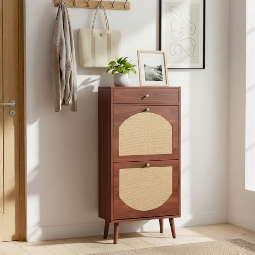 Karl home Shoe Rack Storage Organizer, Rattan-Panel 1-Drawer 2-Tilt-Out Shoe Storage Cabinet, Hidden Shoe Storage for Entryway,Ideal for Heels,Slippers,Casual Shoes, Brown - color: Brown, size: 1-Drawer 2-Tilt-Out