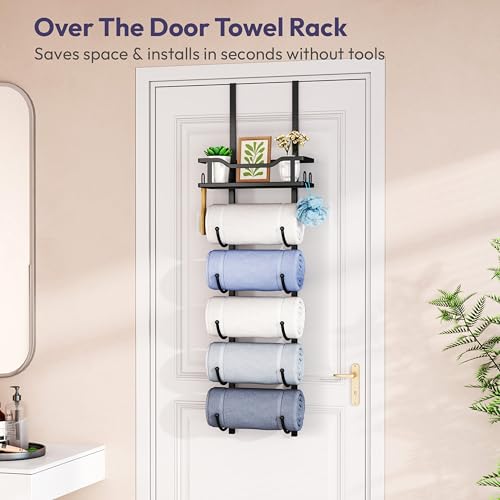 SWTYMIKI Over the Door Towel Rack - 6 Tier Towel Racks for Bathroom Wall Mounted, Towel Holder with Shelf, Hanging Rolled Towel Storage Organizer for Small Bathroom, Camper, RV, Black - color: Black, size: 6 Tier