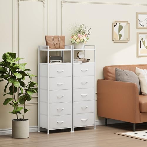 Somdot Tall Dresser for Bedroom, 5 Drawers Nightstand Vertical Storage Tower Unit, Night Stand Furniture with Fabric Drawer Organizer in Bedside Hallway, Entryway, Kids Room, Closet, White Leather - color: White Leather, size: 11.4"D x 15.2"W x 42.1"H (5