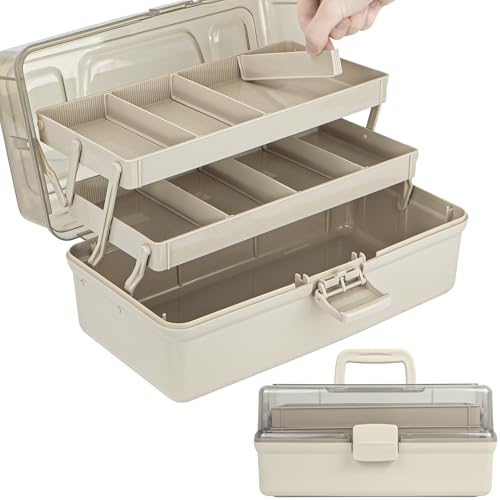 TERGOO 12.5in 3-Layer Multipurpose Craft Organizers and Storage with Adjustable Dividers, Portable Tackle Box, Folding Art & Craft Case for Medicine, Tool, Sewing Organizer (Brown) - color: Brown, size: Large