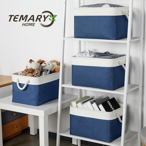 Temary Fabric Storage Baskets 4Pack Storage Bins Decorative Basket for Gift, Clothes Bin with Rope Handle, Rectangle Baskets for Storage, Blankets(White&Blue,15x11x9.5 inch) - color: White&blue, size: 15"L x 11"W x 9.5"H