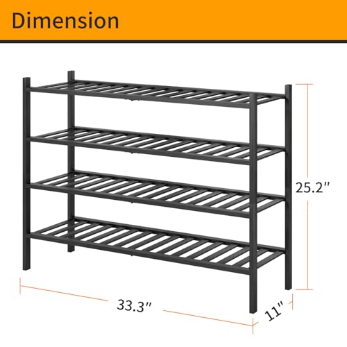 Long Shoe Rack, 4-Tier Bamboo Stackable Shoe Shelf Storage Organizer, Shoe Stand for Closet, Entryway and Hallway(Black) - color: Black, size: 4-Tier-Long