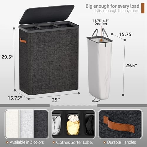 Sorbus Laundry Hamper with Lid - Collapsible 3-Compartment Fabric Laundry Basket with Handles and Removable Laundry Bag – 50 Gallon (190 L) Dirty Clothes Hamper for Bedroom, bathroom and dorm (Black) - color: Black, size: 3 Compartment