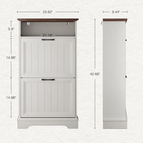 Shoe Storage Cabinet with 2 Flip Drawers, 24" W Farmhouse Modern Hidden Shoes Rack Cabinet with Adjustable Shelves & Open Storage, Narrow Slim Shoe Organizer for Entryway, Hallway, Antique White - color: Antique White, size: 2-Drawers