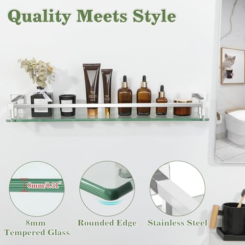 Alise Glass Bathroom Shelves Wall Mounted, 24 Inch Polished Chrome Tempered Floating Shelves Bathroom, Stainless Steel Bathroom Glass Shelf - color: Polished Chrome, size: 24 Inch