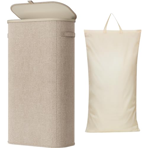 Lifewit Slim Laundry Basket with Lid, Narrow Large Laundry Hamper with Plastic Handles and Removable Bag, Tall Foldable Dirty Clothes Hampers for Laundry Room, Bedroom, Bathroom, Dorm, 75L Beige - color: Beige, size: 75L