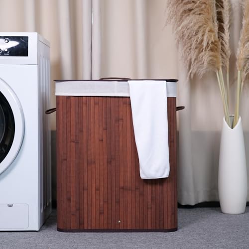 Bamboo Laundry Hamper Large 106L with Removable 4-Section Liner, Foldable Storage Basket with Lid and Handles for Bedroom, Laundry Room, Small Spaces – Brown- Rectangle - color: Brown - Rectangle