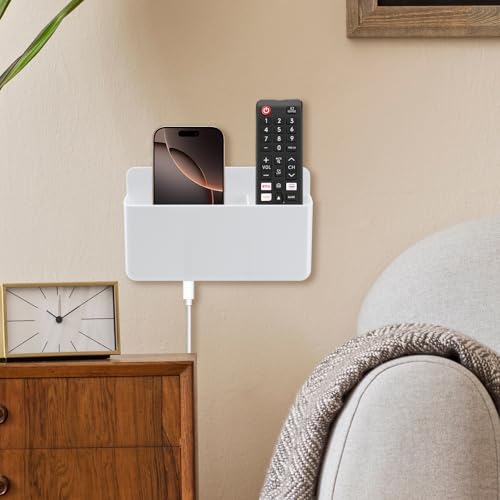 3 Slot Adjustable Remote Control Holder Wall Mount, TV Remote Box Hollow Bottom Slot Easy Phone Charging, Self Adhesive Remote Holder,Wall Pen Holder Storage Accessories for Home Office School (White) - color: White