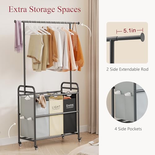 Tajsoon Laundry Sorter Cart with Hanging Clothes Rack, 3 Butler Sorter Basket Organizer, Laundry Hamper Cart with Heavy Duty Rolling Lockable Wheels, 3 Colors - color: 3 Colors, size: 3 bag
