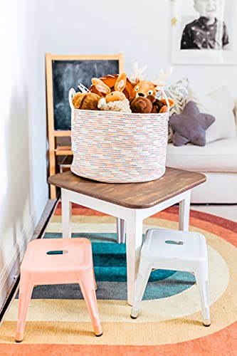 OrganiHaus Large Woven Storage Basket for Blankets and Toys 20" x 13" Inch, Rope Laundry Basket with Handles, Cushions & Pillows Storage Bin, Nursery Hamper, Soft Round Dog Toy Bin - Rainbow Stitches - color: Stitches Rainbow, size: Wide