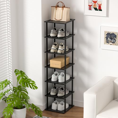 MHXW SXPN Bamboo Free Standing Shoe Rack Shelf Multi Tier Tall Wooden Stackable Shoes Rack Organizer for Closet Front Door Entrance Narrow Vertical Shoe Storage Rack for Corner Stand (Black, 7 Tiers) - color: Black, size: 7 Tiers