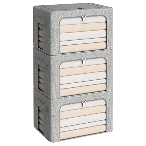 CYhom 3Pack Foldable Storage Bins - Frame Storage Box Linen Fabric Stackable Clothes Container Organizer with Clear Window & Carry Handles Large Capacity (Medium-36L, Light Grey) - color: Light Grey, size: Medium-36L