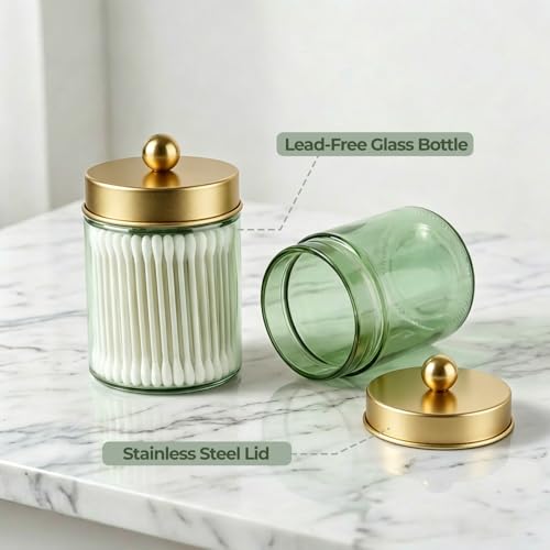 Amolliar 4 Pack Apothecary Jars Bathroom Vanity Storage Organizer Set -Countertop Canister with Stainless Steel Lids &Stickers Qtip Dispenser Holder for Cotton Swab (Green-golden Lid) - color: Green-Gold Lid P1