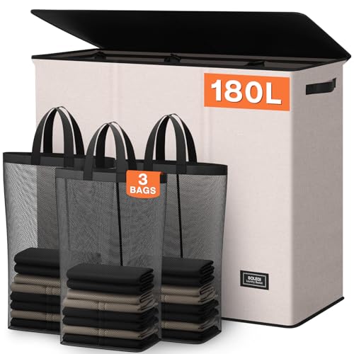SOLEDI 180L 3-Section Laundry Hamper with Lid, Extra Large Dirty Clothes Basket with Sturdy Handles for Laundry Room & Bedroom - Durable Organizer for Sorting Laundry - color: Beige, size: 180L