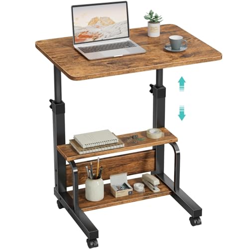 WINAZ C Shaped Rolling Laptop Desk - 24" Rustic Brown Mobile Kids Desk with Wheels for Small Spaces, Height Adjustable Overbed Table with 2-Tier Storage Shelves - color: Rustic Brown